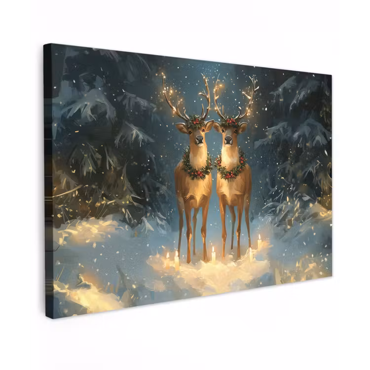 Canvas schilderij - Dennensprookje - Rendier - Nacht — 1