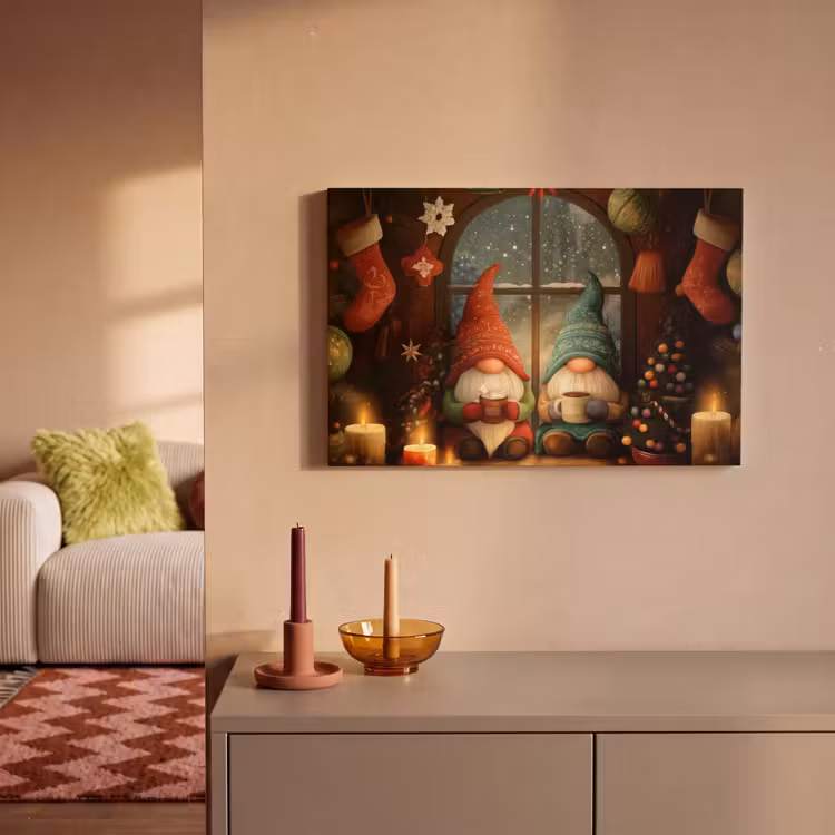Canvas schilderij - Gnooms - Kerst - Raam - Kleurrijk — 1