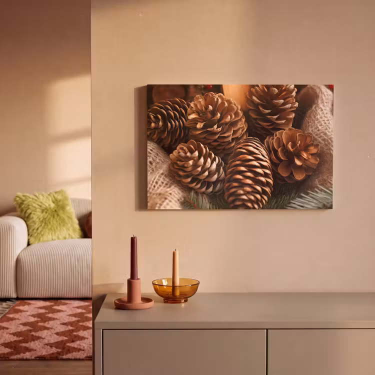 Canvas schilderij - Dennenappels - Boom - Winter - Natuur - Bruin — 2