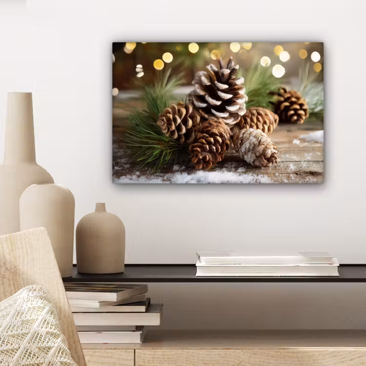 Canvas schilderij - Dennenappels - Kerstsfeer - Bruin - Groen — 5