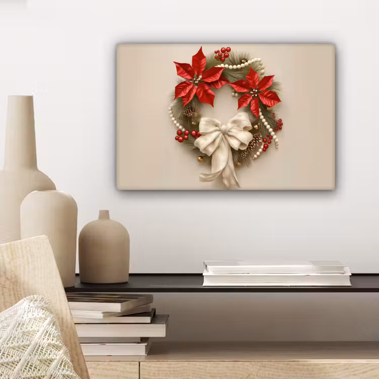 Canvas schilderij - Deurkrans - Strik - Kerst - Rood - Groen — 5