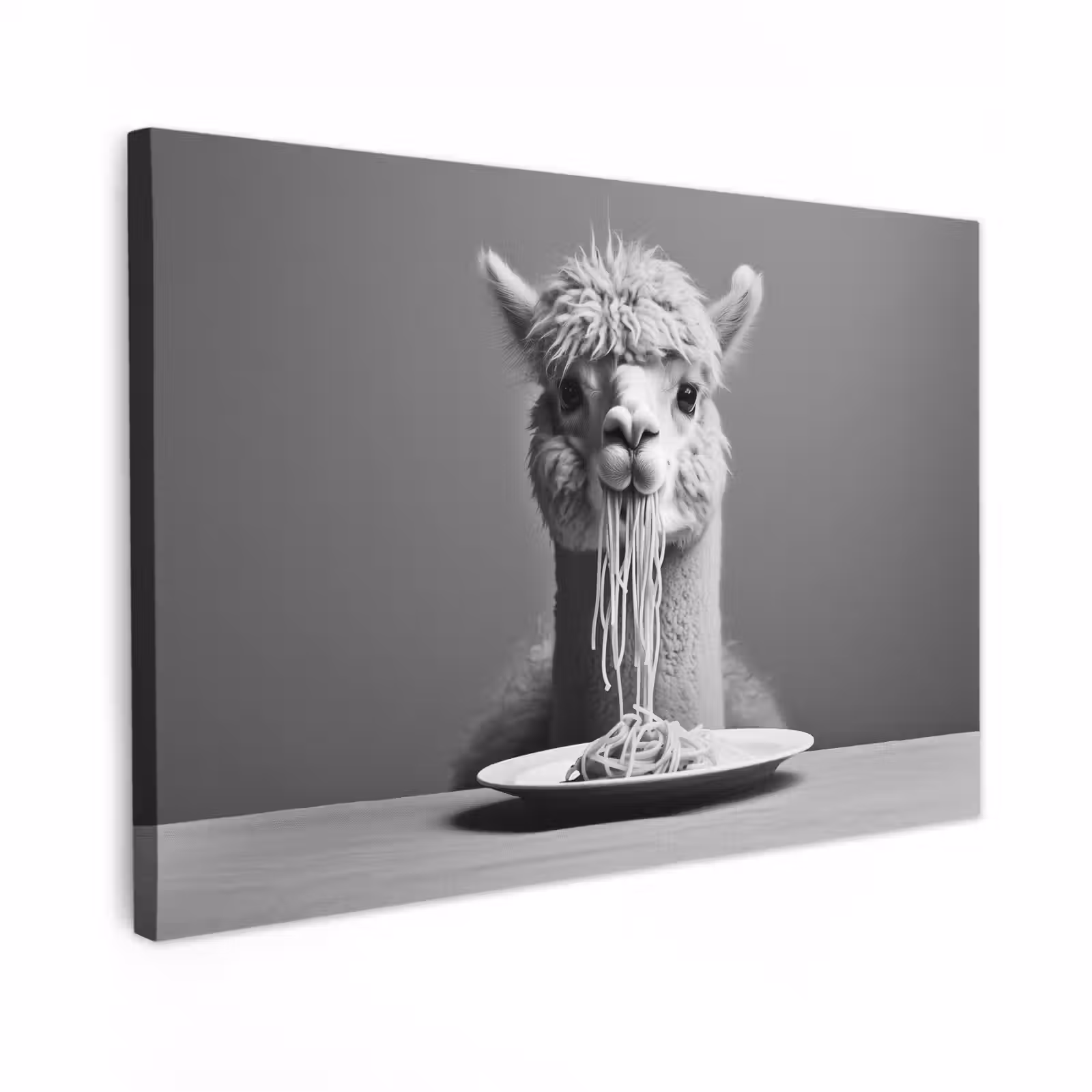 Canvas schilderij - Alpaca - Pasta - Zwart - Wit - Grappig - Dieren — 1