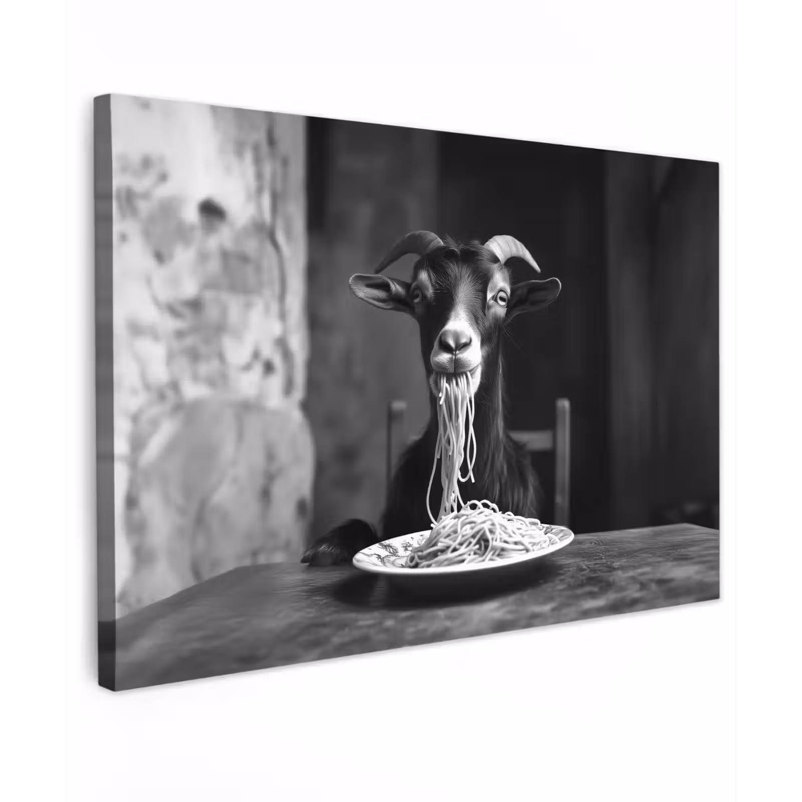 Canvas schilderij - Geit - Bord - Spaghetti - Zwart Wit — 1