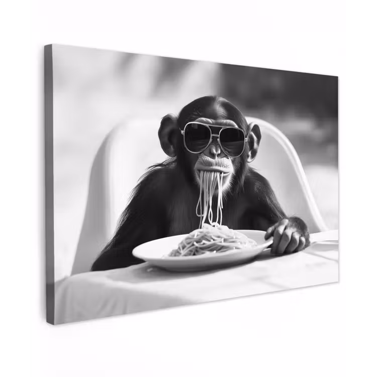 Canvas schilderij - Aap - Spaghetti - Zonnebril - Zwart wit - Cool - Dier — 1