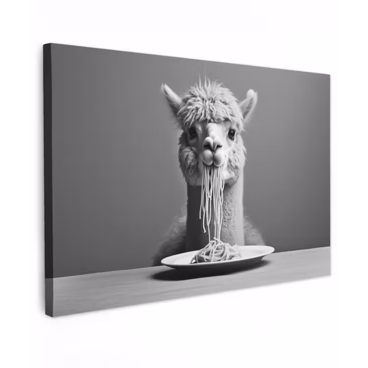 Canvas schilderij - Alpaca - Pasta - Zwart - Wit - Grappig - Dieren — 1