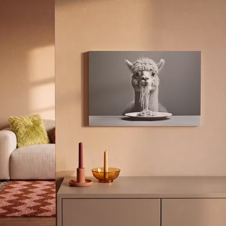 Canvas schilderij - Alpaca - Pasta - Zwart - Wit - Grappig - Dieren — 2