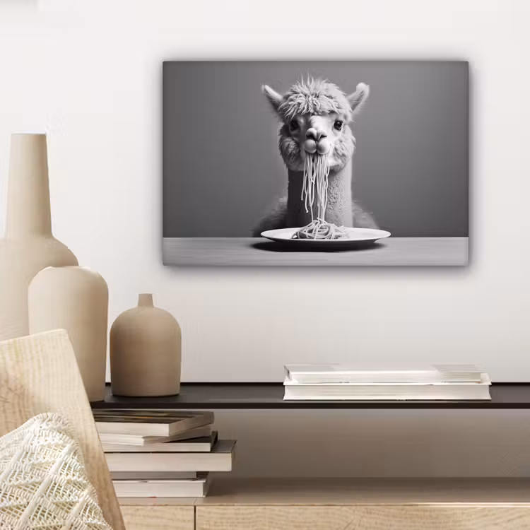 Canvas schilderij - Alpaca - Pasta - Zwart - Wit - Grappig - Dieren — 5