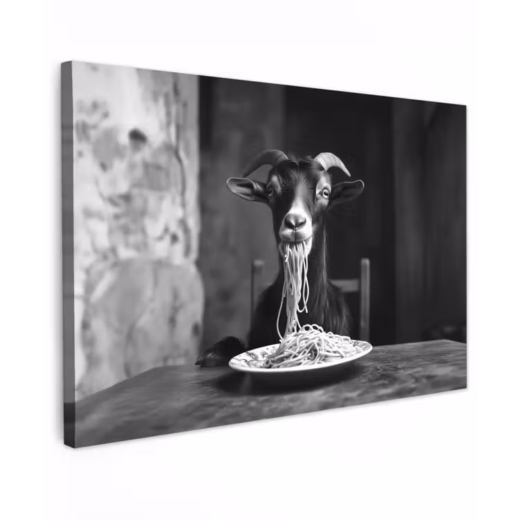 Canvas schilderij - Geit - Bord - Spaghetti - Zwart Wit — 1