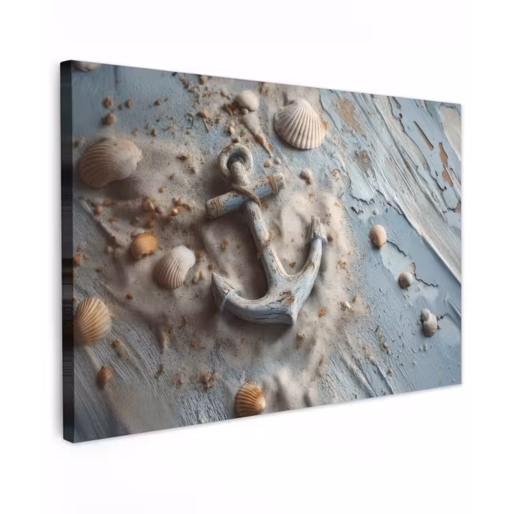 Canvas schilderij - Anker - Hout - Schelpen - Zand — 1