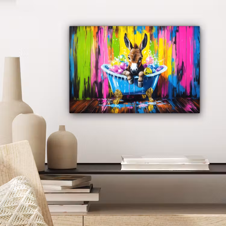 Canvas schilderij - Ezel - Badkuip - Roze - Schuim — 5