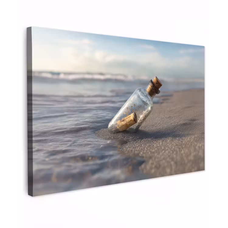 Canvas schilderij - Glazenfles - Post - Zee - Zand — 1