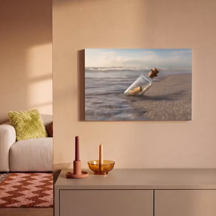 Canvas schilderij - Glazenfles - Post - Zee - Zand — 2