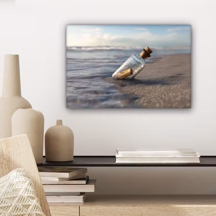 Canvas schilderij - Glazenfles - Post - Zee - Zand — 5