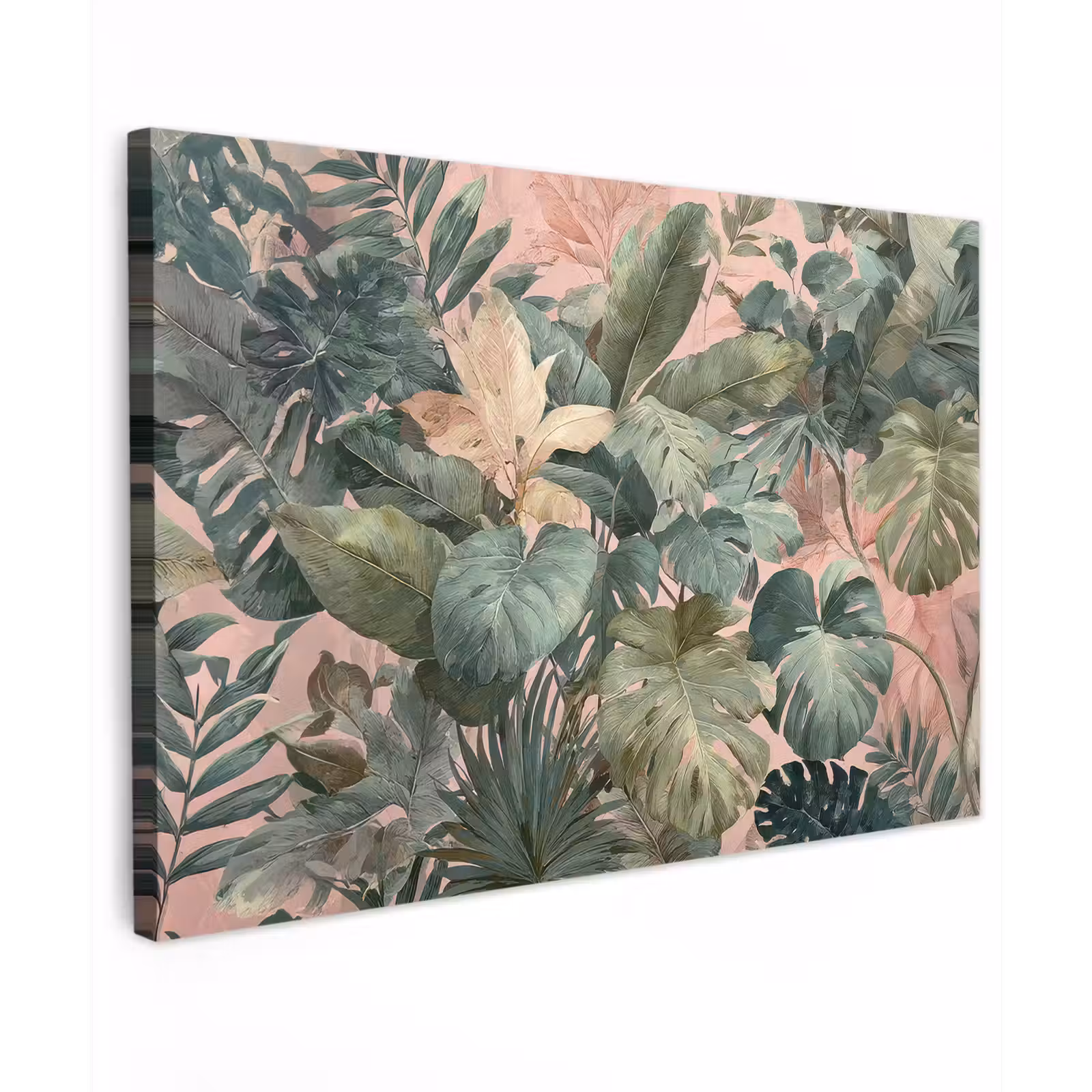 Canvas schilderij - Compositie van bladeren - Groen - Roze — 1