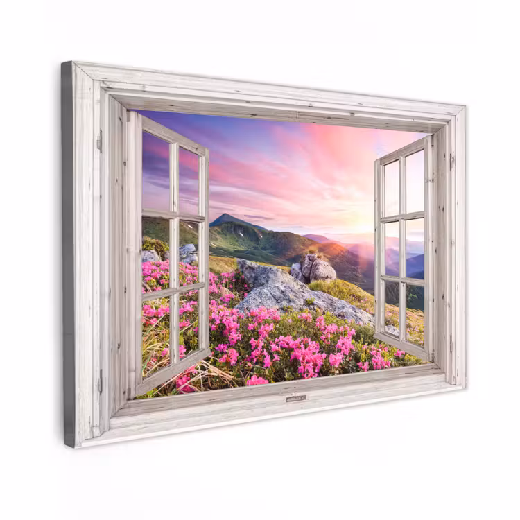 Canvas schilderij - Bergen - Landschap - Doorkijk - Bloemen - Avond - Roze — 1