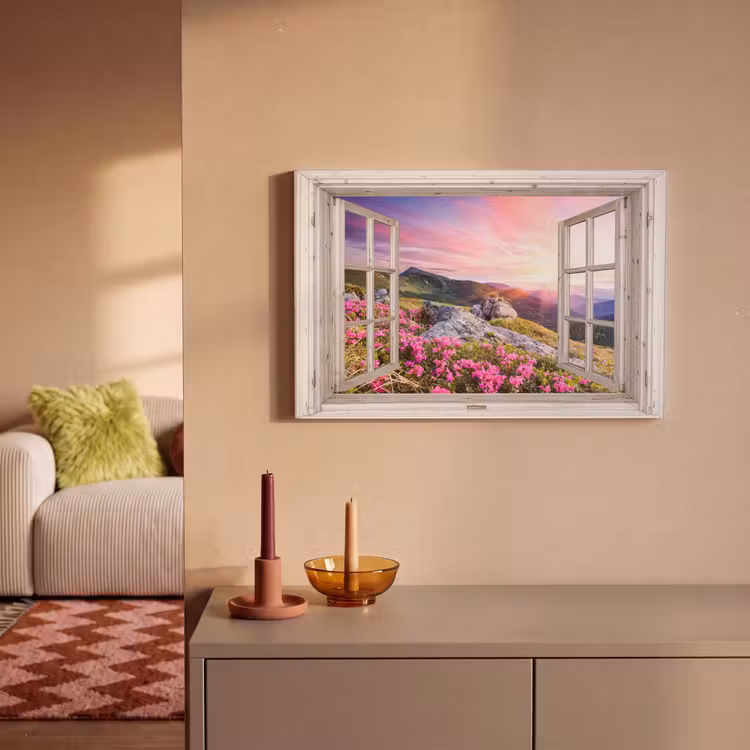 Canvas schilderij - Bergen - Landschap - Doorkijk - Bloemen - Avond - Roze — 2
