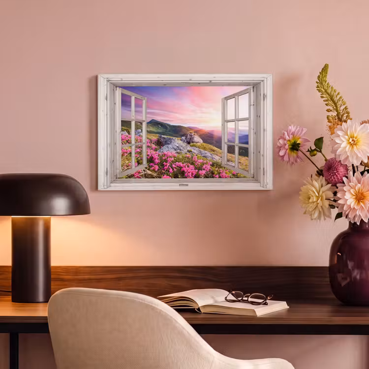 Canvas schilderij - Bergen - Landschap - Doorkijk - Bloemen - Avond - Roze — 4
