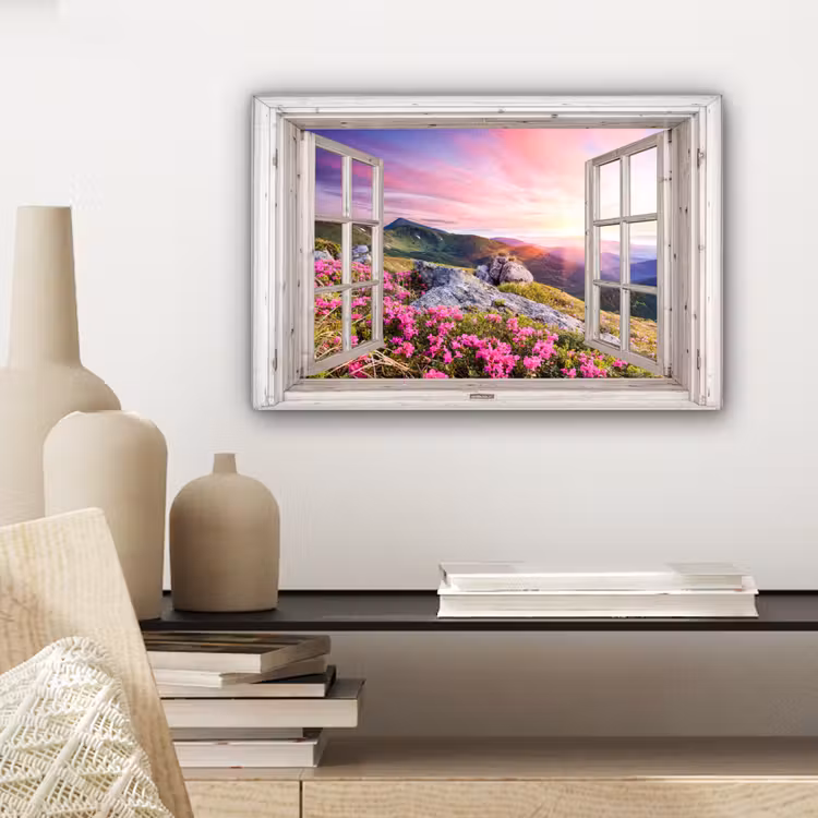 Canvas schilderij - Bergen - Landschap - Doorkijk - Bloemen - Avond - Roze — 5