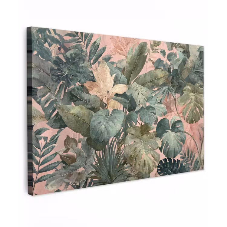 Canvas schilderij - Compositie van bladeren - Groen - Roze — 1