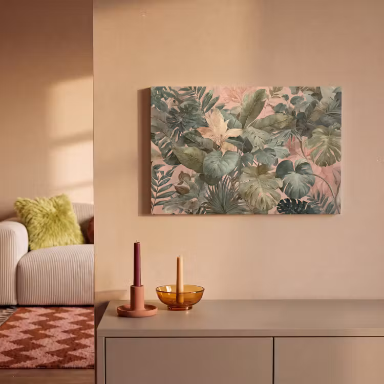 Canvas schilderij - Compositie van bladeren - Groen - Roze — 2