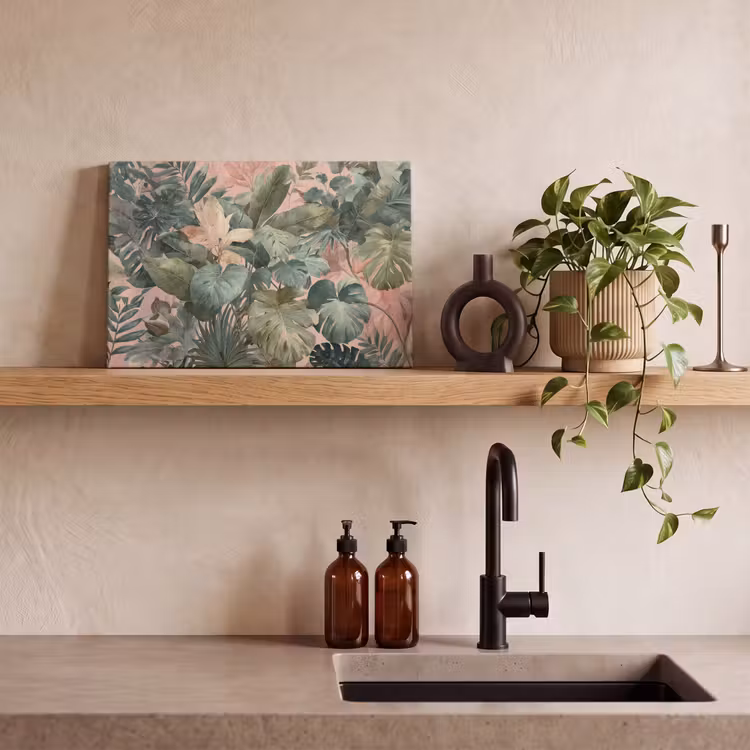 Canvas schilderij - Compositie van bladeren - Groen - Roze — 3