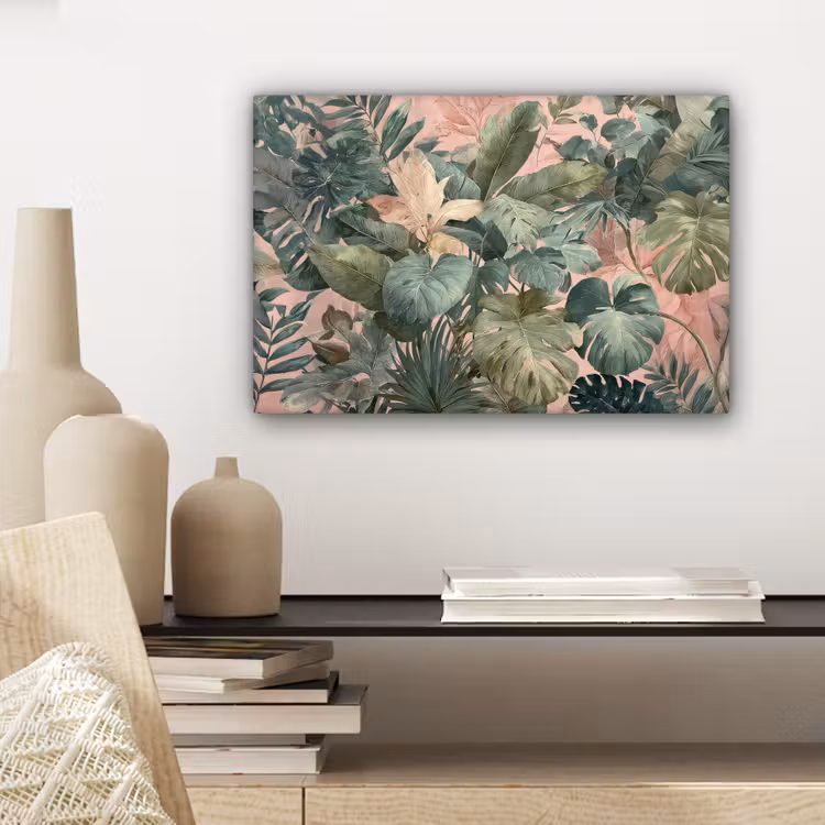 Canvas schilderij - Compositie van bladeren - Groen - Roze — 5