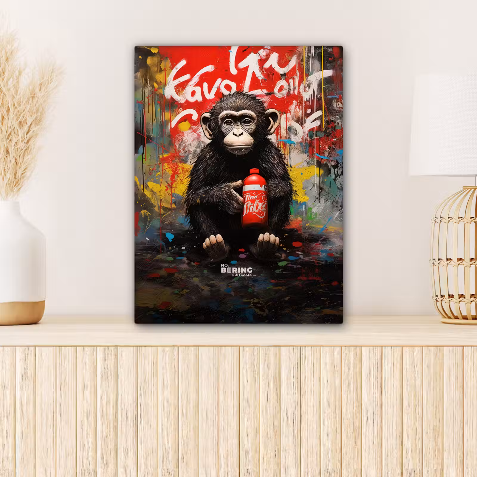 Canvas schilderij - Chimpansee voor graffiti muur — 1