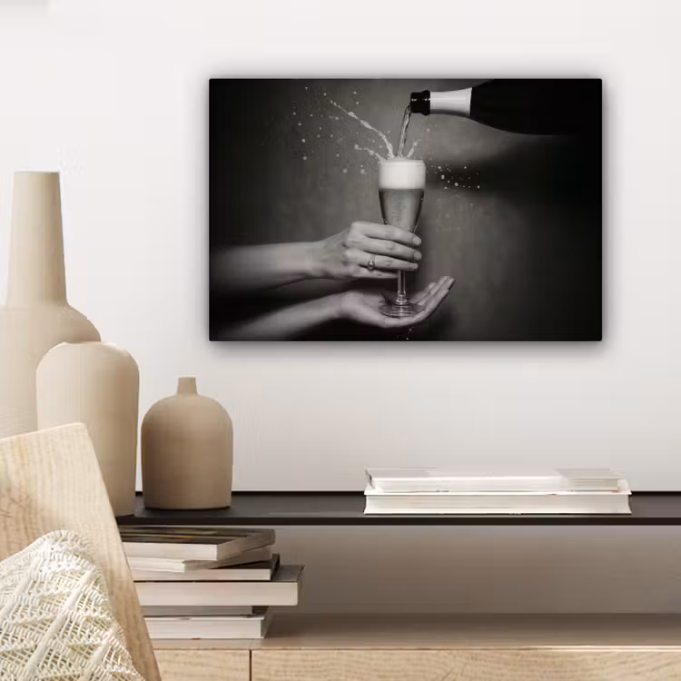 Canvas schilderij - Champagnefles - Glas - Minimalistisch - Spetters — 5