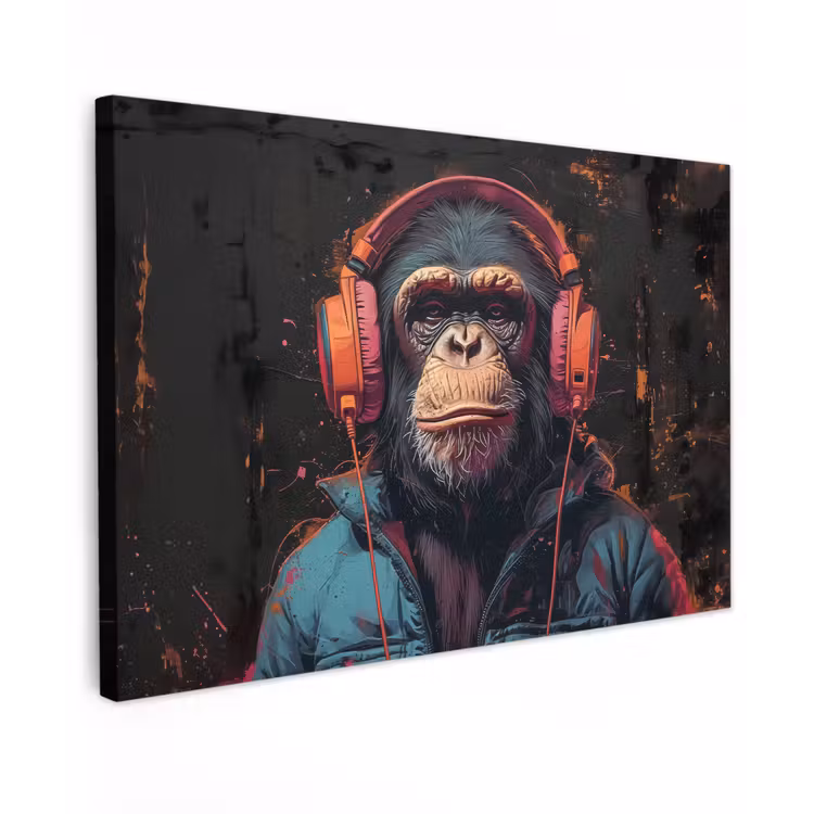 Canvas schilderij - Graffiti - Chimpansee - Koptelefoon - Aap — 1