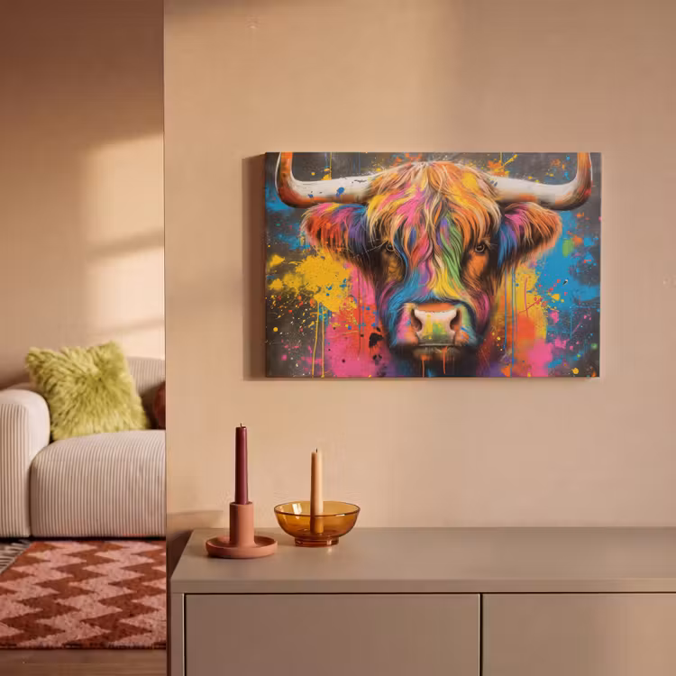 Canvas schilderij - Graffiti - Schotse hooglander - Koe - Kleurrijk — 2
