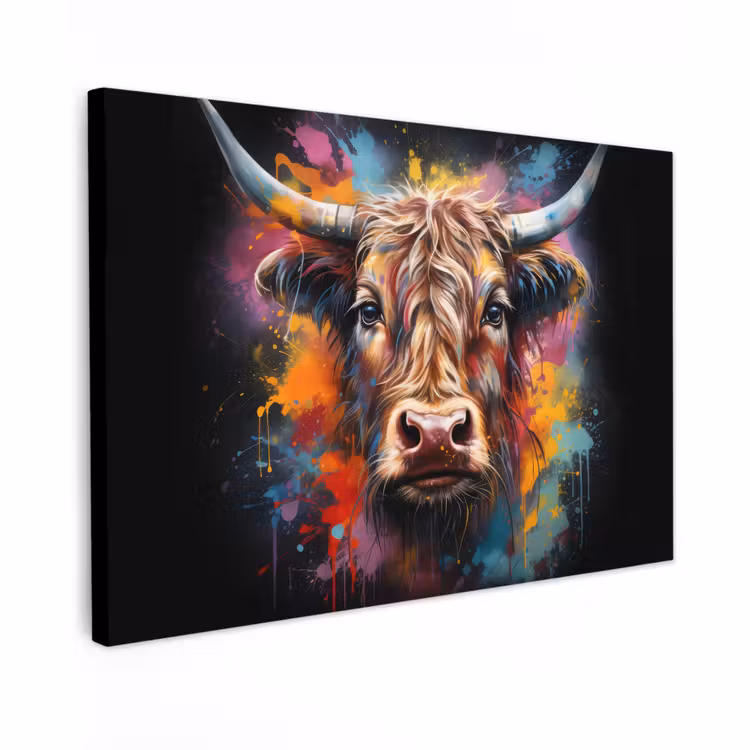 Canvas schilderij - Graffiti - Schotse hooglander - Zwart - Koe — 1