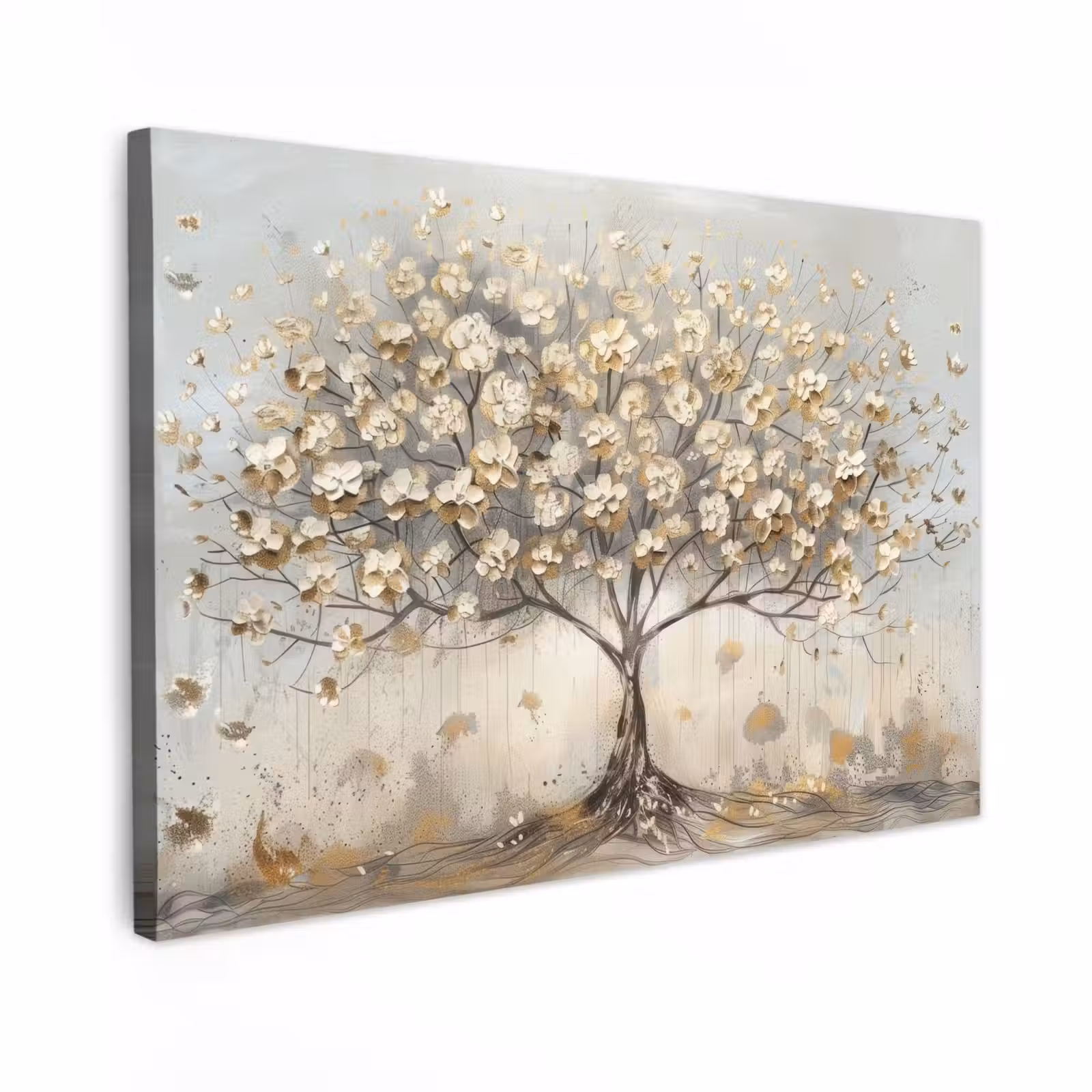 Canvas schilderij - Boom - Beige - Goud - Verflook - Grijs — 1