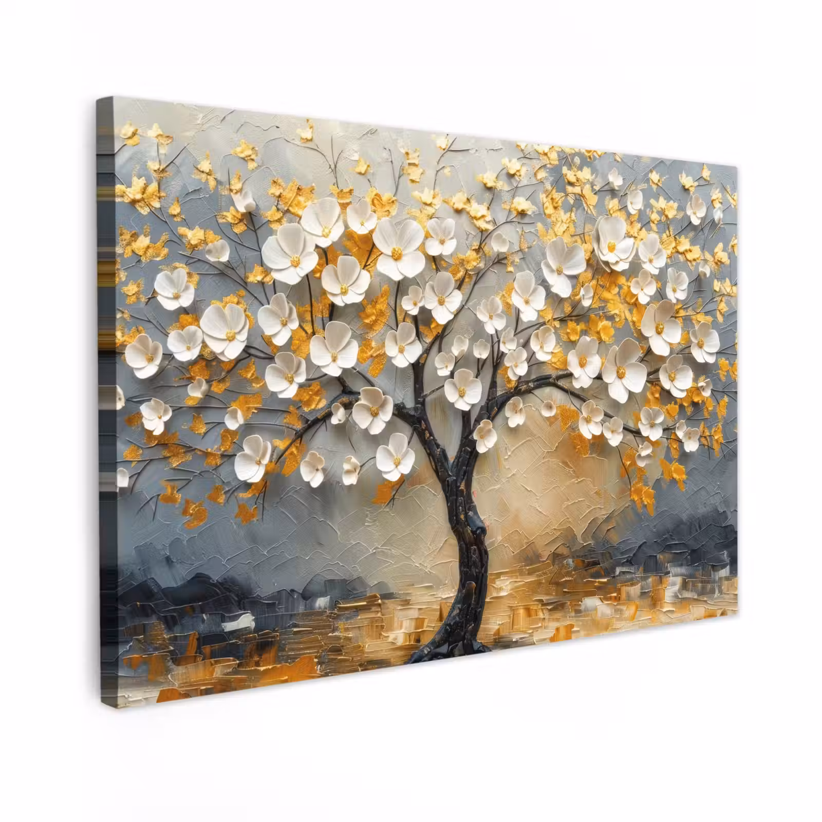 Canvas schilderij - Boom - Bloemen - Goud - Beige — 1