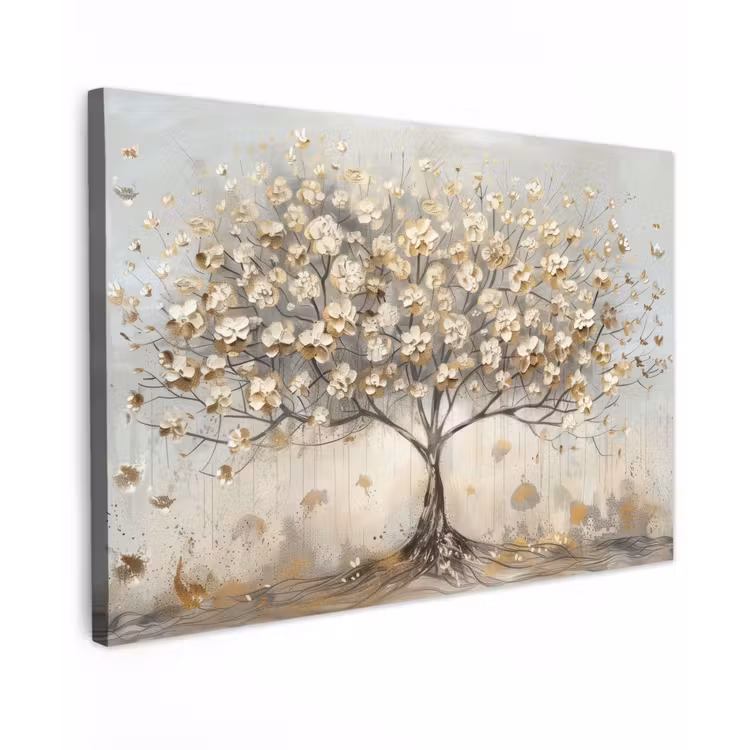 Canvas schilderij - Boom - Beige - Goud - Verflook - Grijs — 1