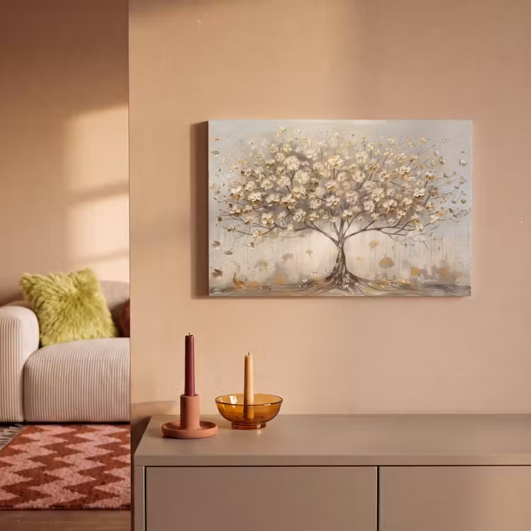 Canvas schilderij - Boom - Beige - Goud - Verflook - Grijs — 2
