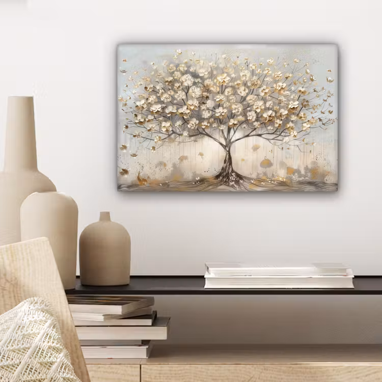 Canvas schilderij - Boom - Beige - Goud - Verflook - Grijs — 5