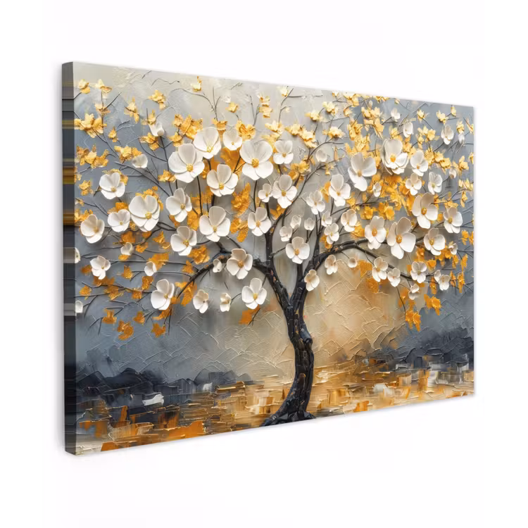 Canvas schilderij - Boom - Bloemen - Goud - Beige — 1