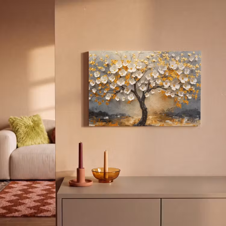 Canvas schilderij - Boom - Bloemen - Goud - Beige — 2