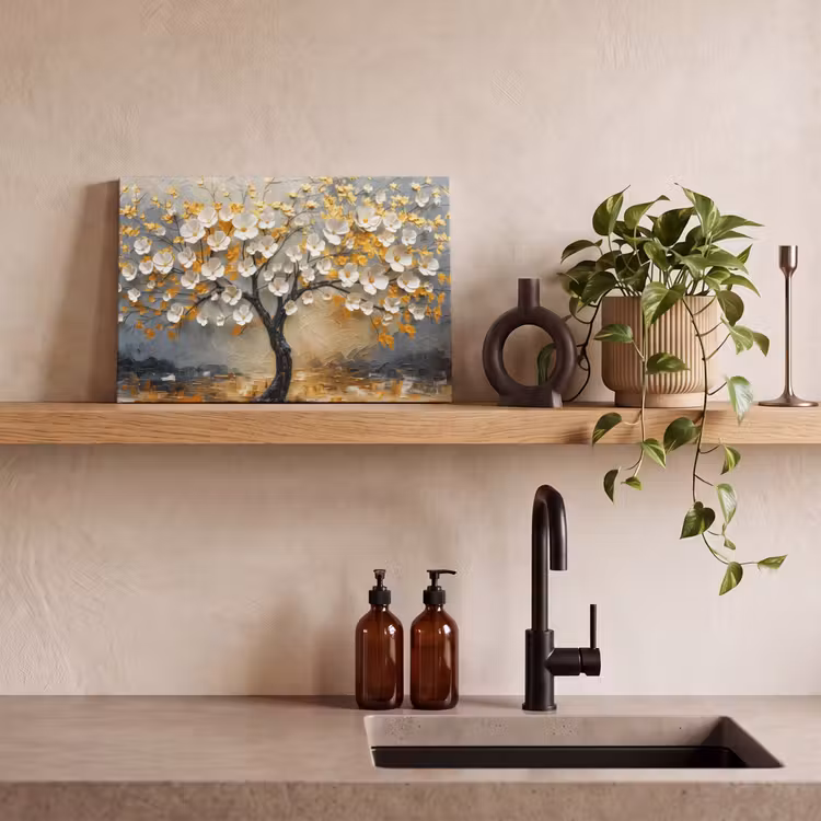 Canvas schilderij - Boom - Bloemen - Goud - Beige — 3