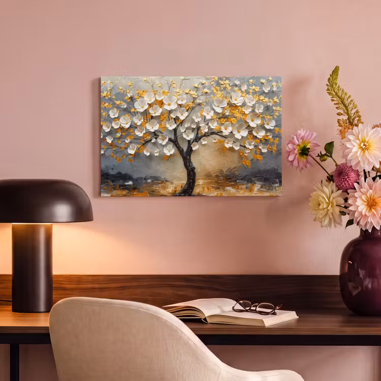 Canvas schilderij - Boom - Bloemen - Goud - Beige — 4