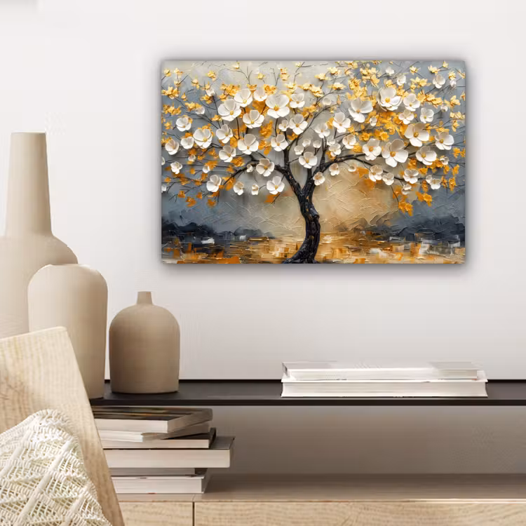 Canvas schilderij - Boom - Bloemen - Goud - Beige — 5