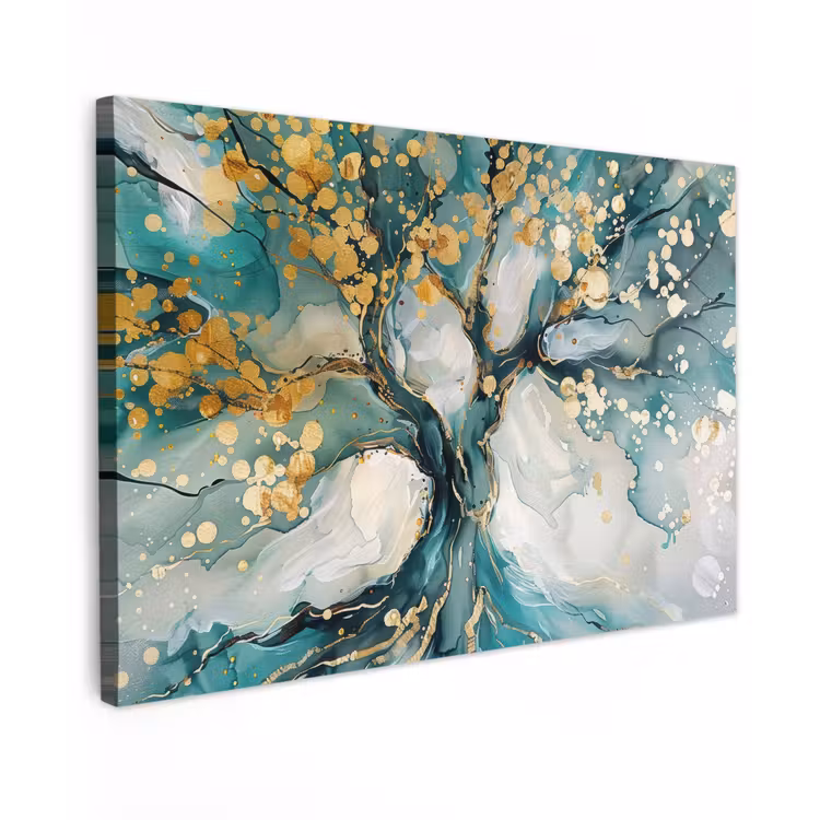 Canvas schilderij - Boom - Modern - Verflook - Turquoise - Goud — 1