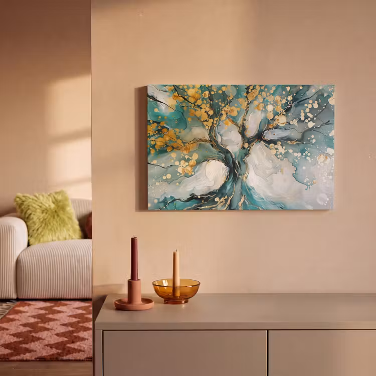 Canvas schilderij - Boom - Modern - Verflook - Turquoise - Goud — 2