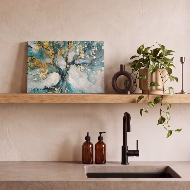 Canvas schilderij - Boom - Modern - Verflook - Turquoise - Goud — 3