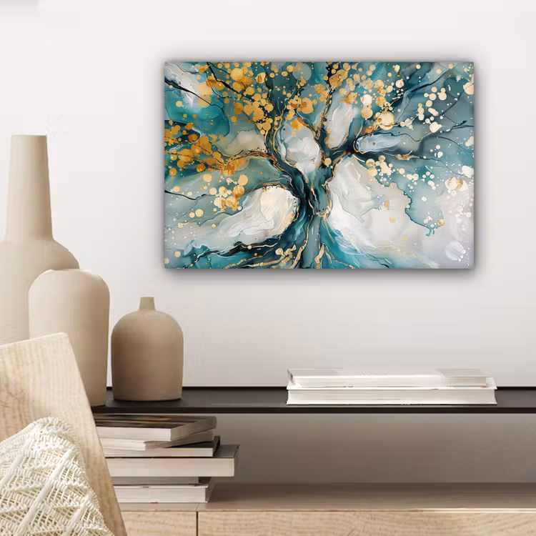 Canvas schilderij - Boom - Modern - Verflook - Turquoise - Goud — 5
