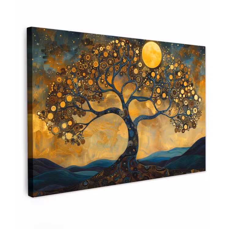 Canvas schilderij - Boom - Maan - Bloemen - Goud - Kunst — 1