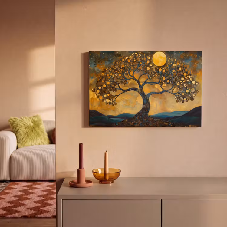 Canvas schilderij - Boom - Maan - Bloemen - Goud - Kunst — 2