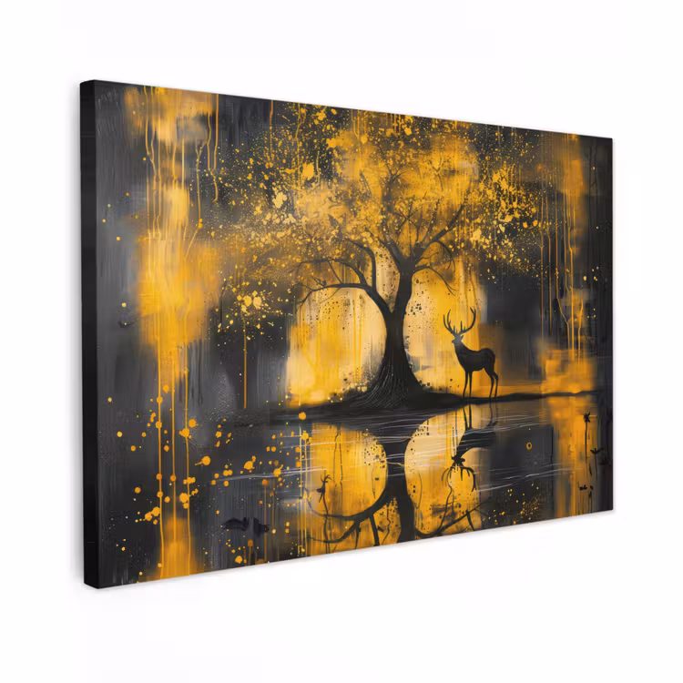 Canvas schilderij - Boom - Verflook - Hert - Natuur - Goud — 1