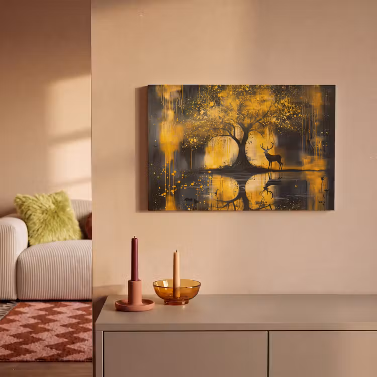 Canvas schilderij - Boom - Verflook - Hert - Natuur - Goud — 2