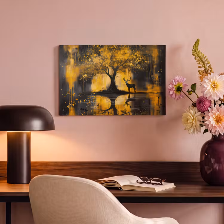 Canvas schilderij - Boom - Verflook - Hert - Natuur - Goud — 4